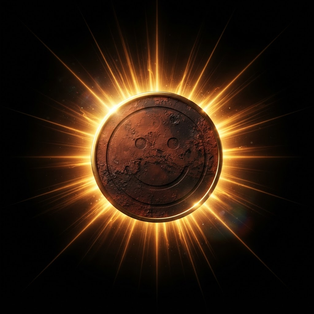The Marscoin on Stonks coin eclipsing a golden corona of light