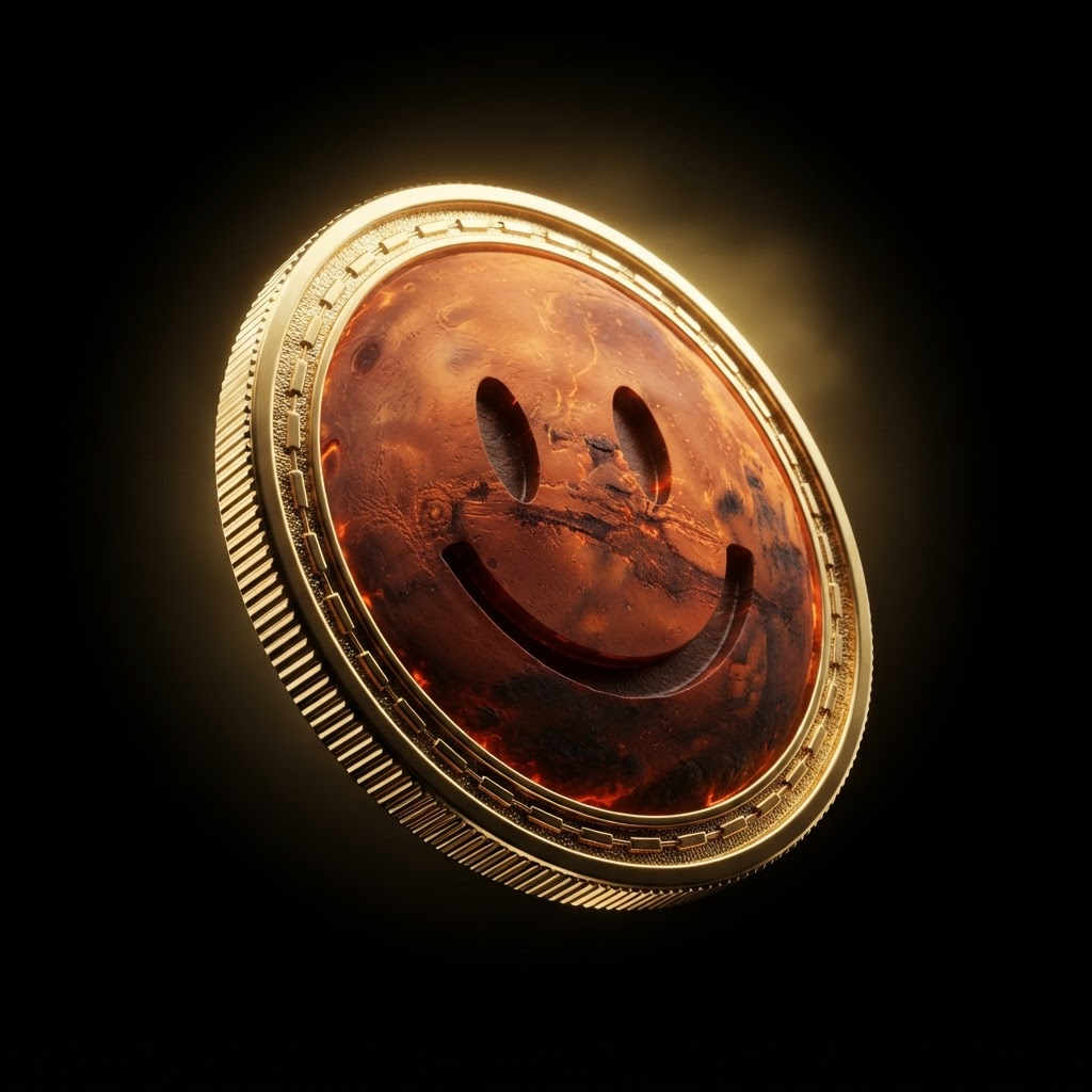 The Marscoin on Stonks coin: a cratered Mars face with an engraved smile inside a gold rim