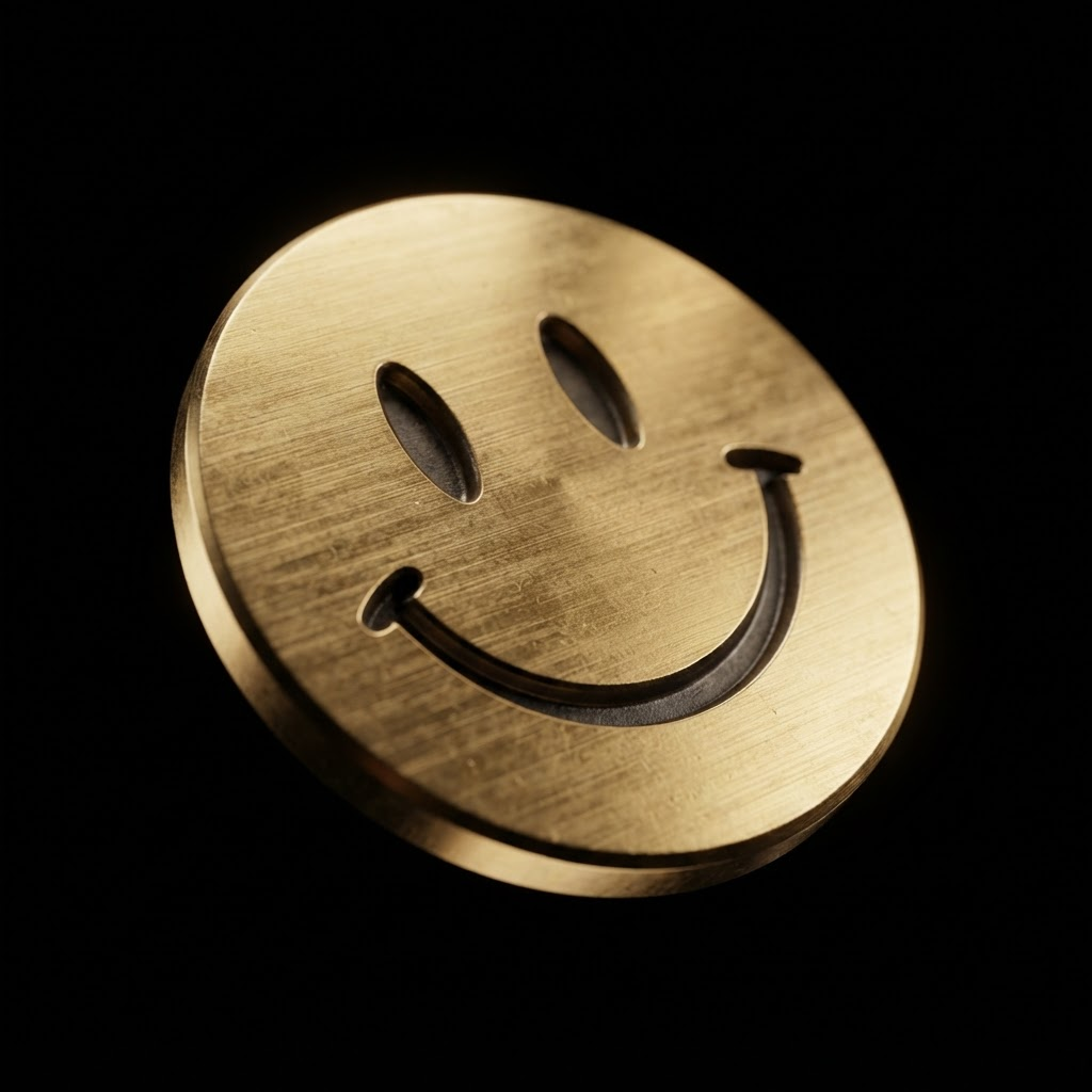 A brushed gold disc with a smiley face engraved into it